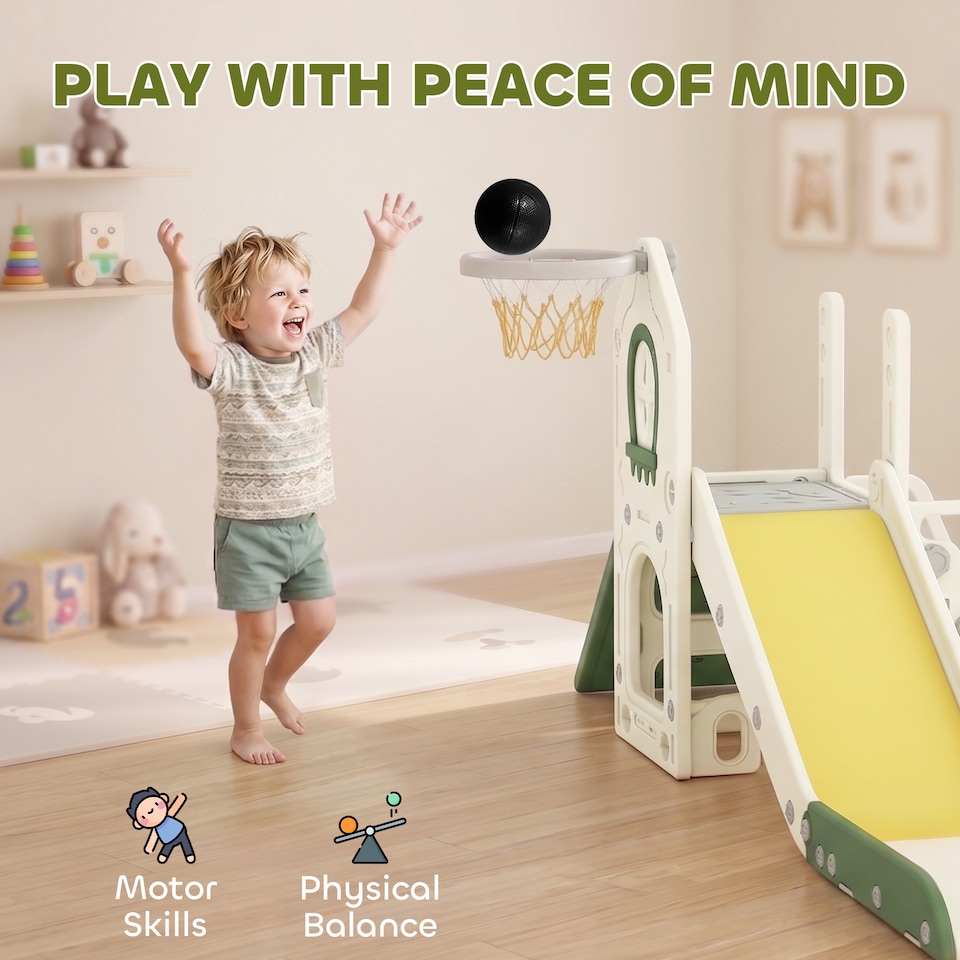 image 1 of AIYAPLAY Foldable 5 in 1 Kids Slide with Climber and Basketball Hoop, Cream