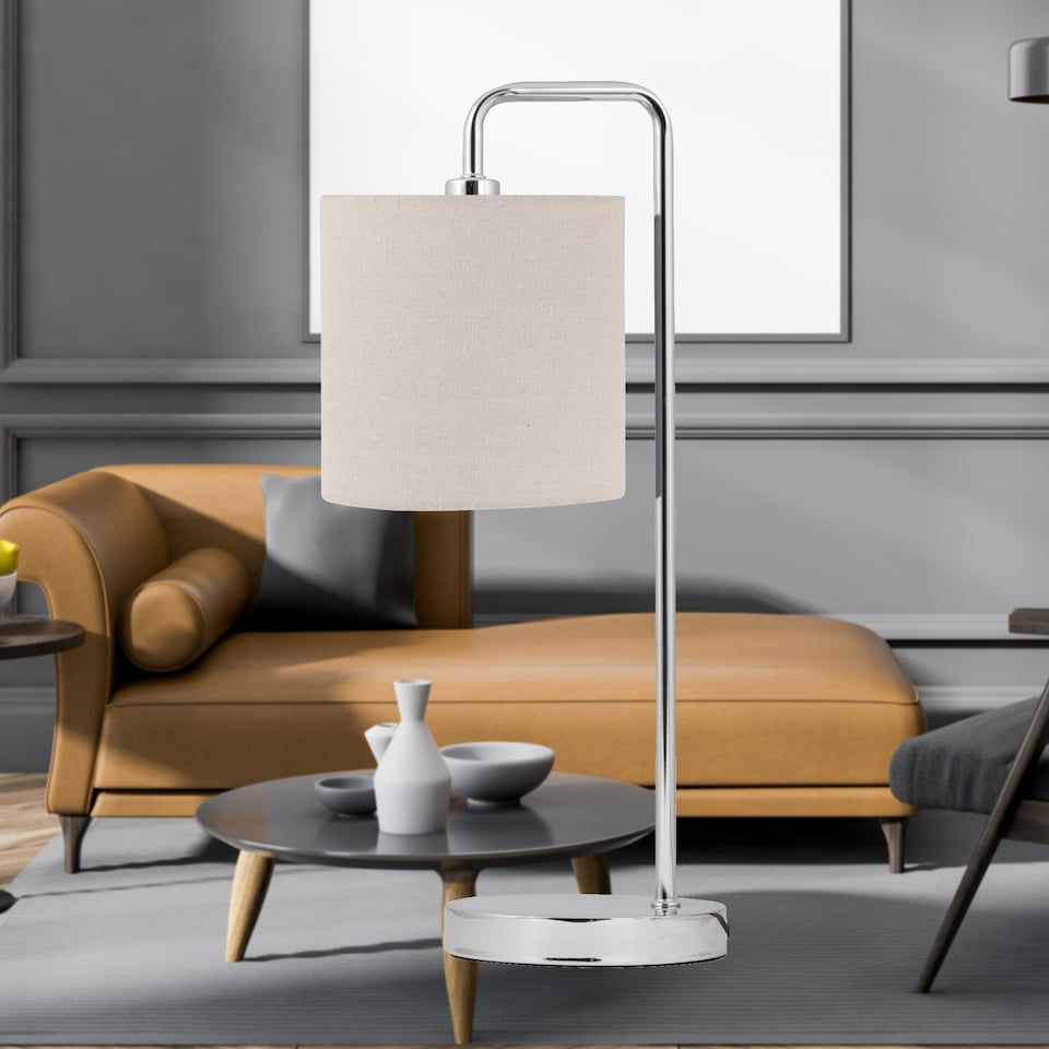 image 1 of Set of 2 Arched Table Lamps with Natural Linen Shades | Chrome | Brown | Large | 2