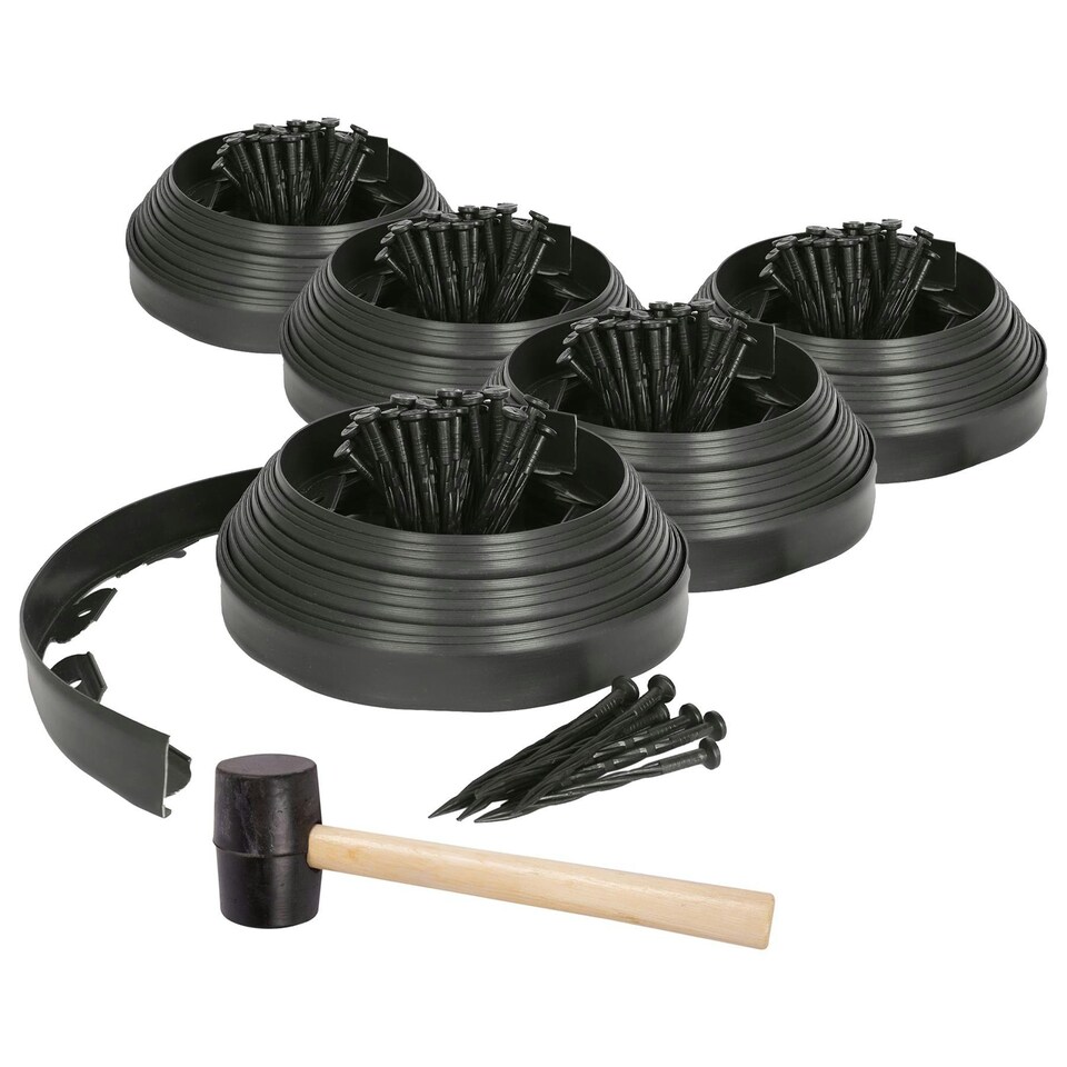 image 1 of Harbour Housewares Flexible Plastic Lawn Edging with 200 Pegs & Mallet - 50m x 4cm - Black | Black | 5