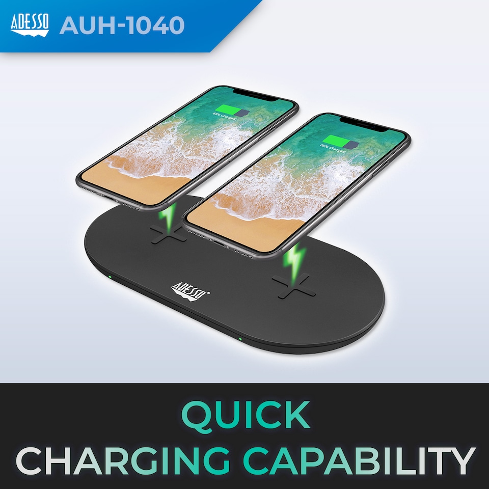 image 1 of Adesso 15W Max Qi-Certified Dual 2-Coil Wireless Fast Charging Pad