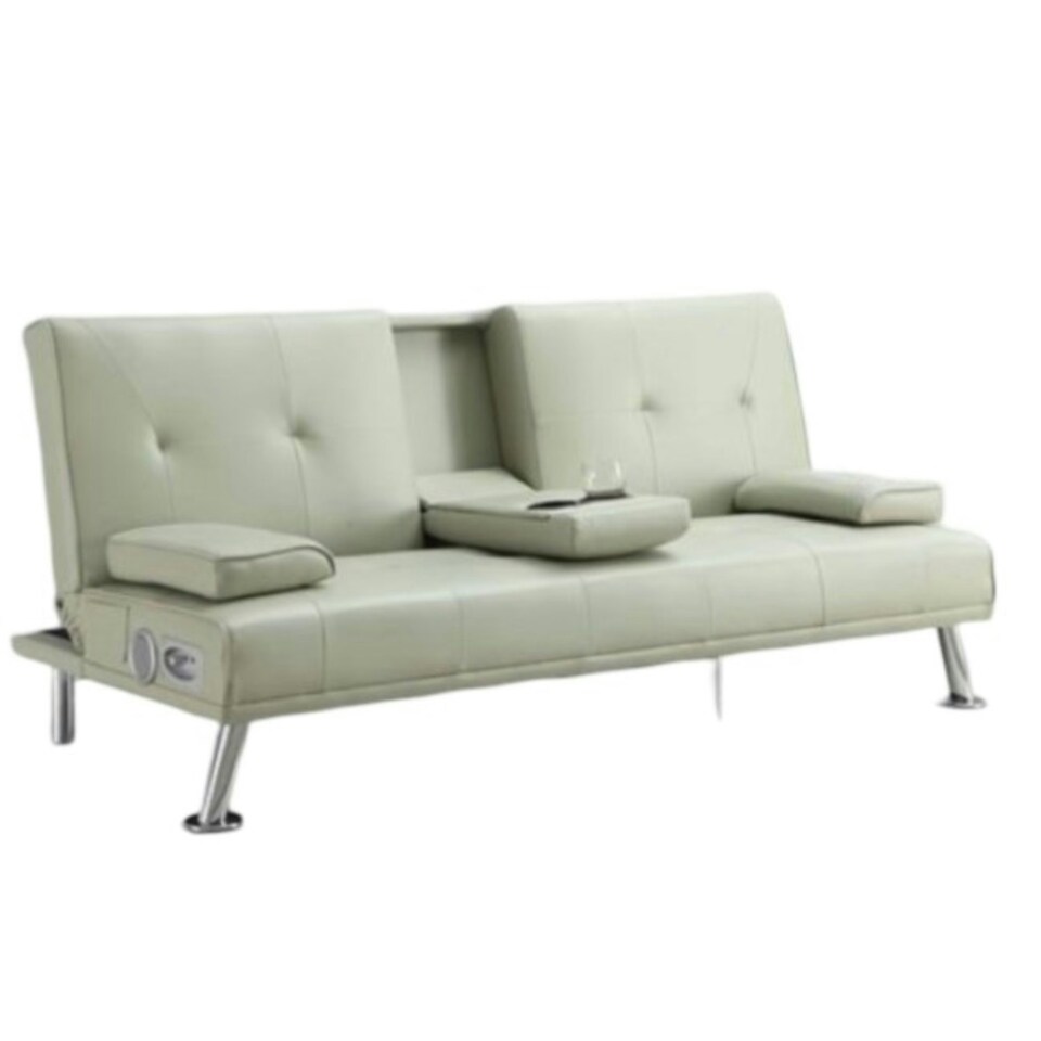 image 1 of Bluetooth Cinema Faux Leather Clic Clac Luxury Sofa Bed with Drink Cup Holder In Cream