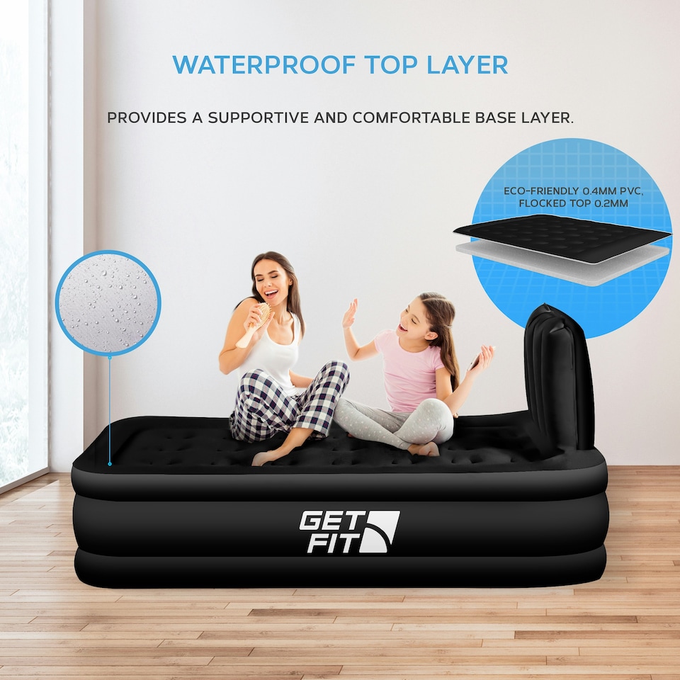 image 1 of Get Fit Air Bed With Built In Electric Pump - Premium Single Airbed - Quick Blow Up Bed With Headboard & Inflatable Pillow - Elevated Air Mattress- Black Mono