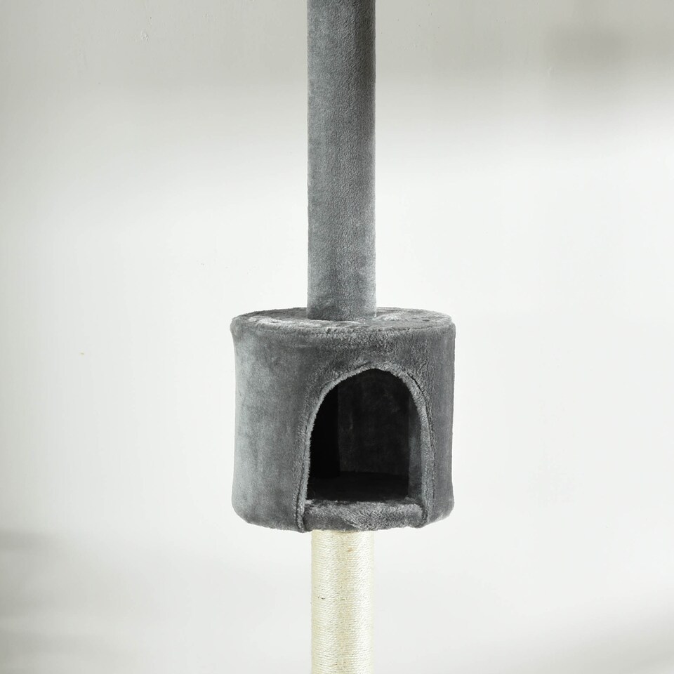 image 1 of PawHut Floor to Ceiling Cat Tree with Condo Scratching Post, Light Grey