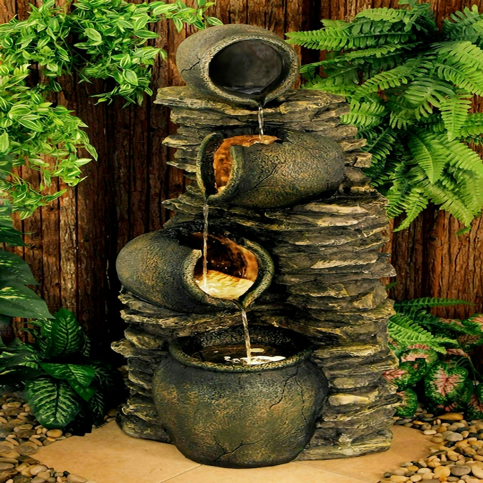 image 1 of Primrose Noble 4 Tier Oil Jar Water Feature & Fountain Cascade Brown 117cm