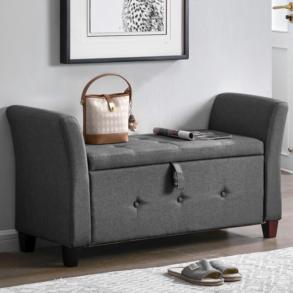 image 1 of Vida Designs Seville Storage Ottoman Bedroom Hallway Chest Bench, Dark Grey Linen Grey | Dark Grey Linen