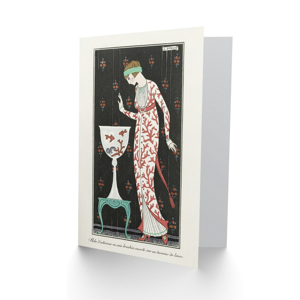 image 1 of George Barbier Art Card Coral Evening Dress Vintage Fashion Advert