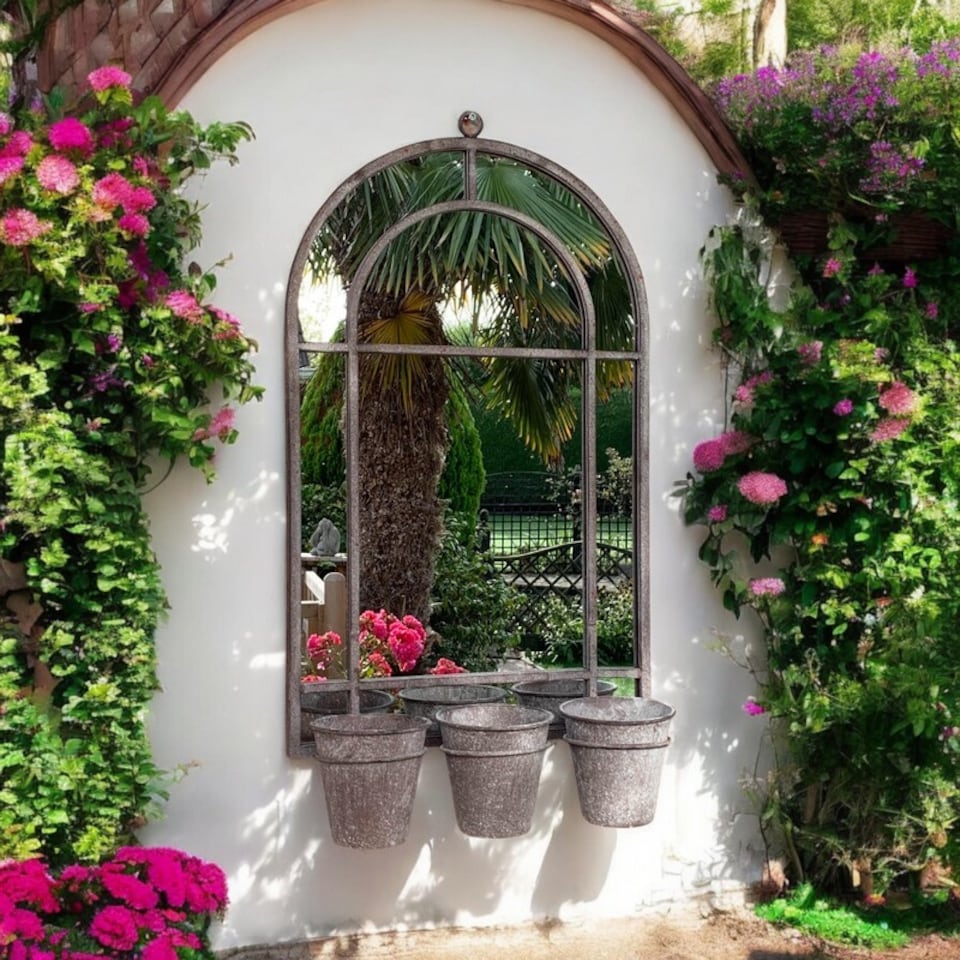 image 1 of Wall Mirror with Triple Planter - Distressed Metal - L15 x W45 x H78 cm | Grey