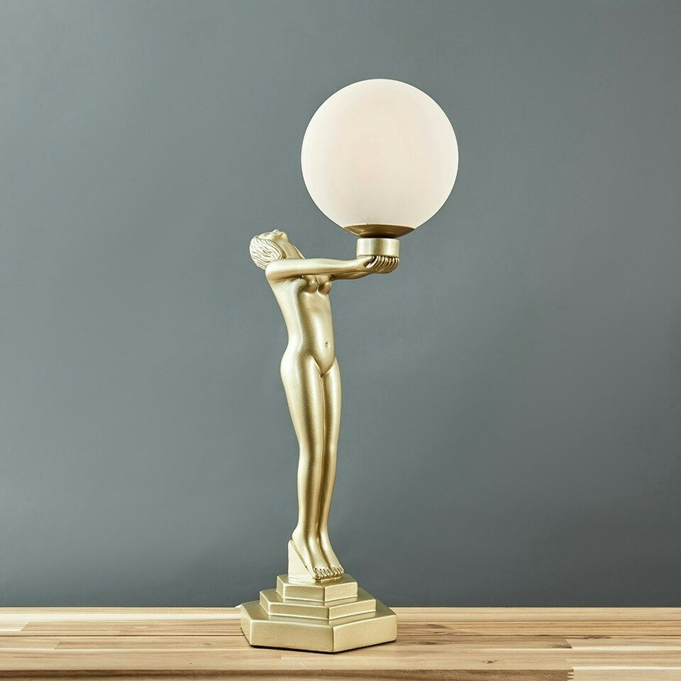 image 1 of ValueLights Pair of Olivia Matt Gold Art Deco Table Lamps with a White Glass Globe Shade and LED Bulbs Gold