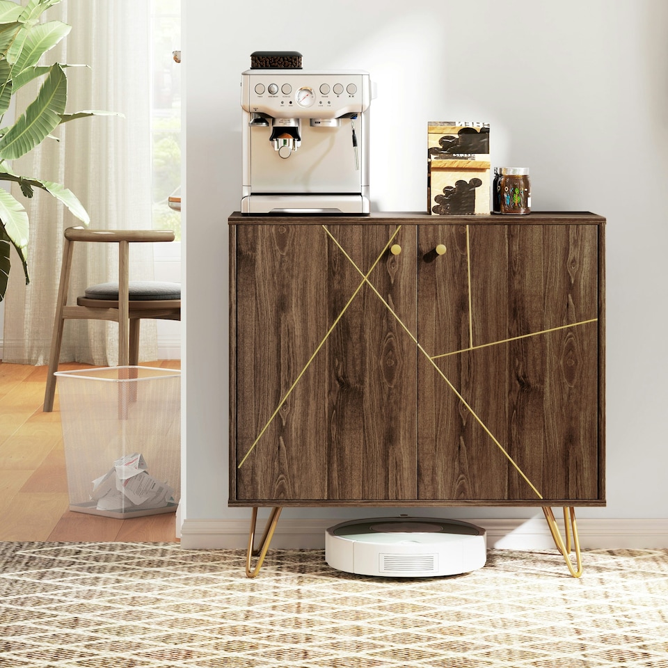 image 1 of HOMCOM Sideboard Storage Cabinet with Luxurious Steel Lines Steel Legs Brown Brown