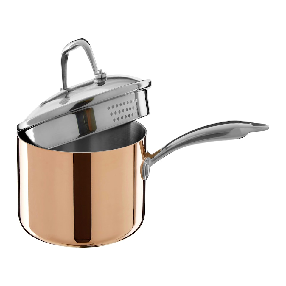 image 1 of Interiors By Premier 18cm Copper Finish Saucepan, Pan With Glass Lid, Tri-Ply Pan Saucepan With Steam Vent, Stylish Saucepan Gold
