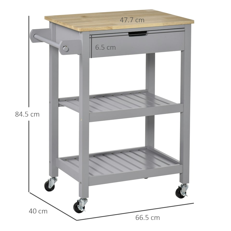 image 1 of HOMCOM Kitchen Trolley Utility Cart on Wheels with Rubberwood Worktop Towel Rack