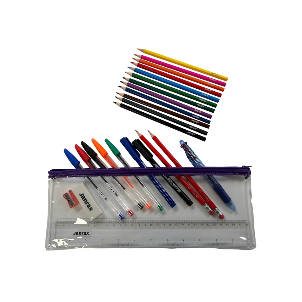 image 1 of Stationery Filled Purple Zip 13x5" Pencil Case with Colouring Pencils