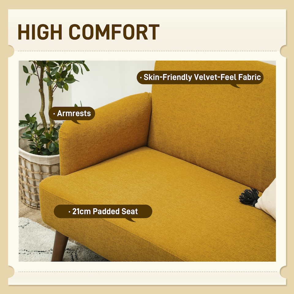 image 1 of HOMCOM 2 Seater Sofa with 21cm Thick Padding and Wood Legs, Yellow