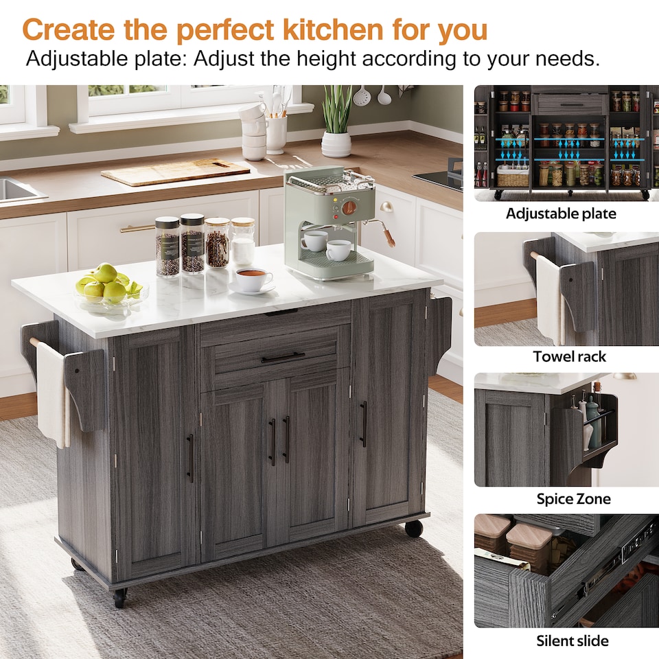 image 1 of VILUXE Mobile Kitchen Island with Foldable Worktop, Hidden Cutlery Drawer, Large Drawer, Adjustable Shelves, Door Racks, Towel Rack, Spice Rack and 5 Wheels, Grey