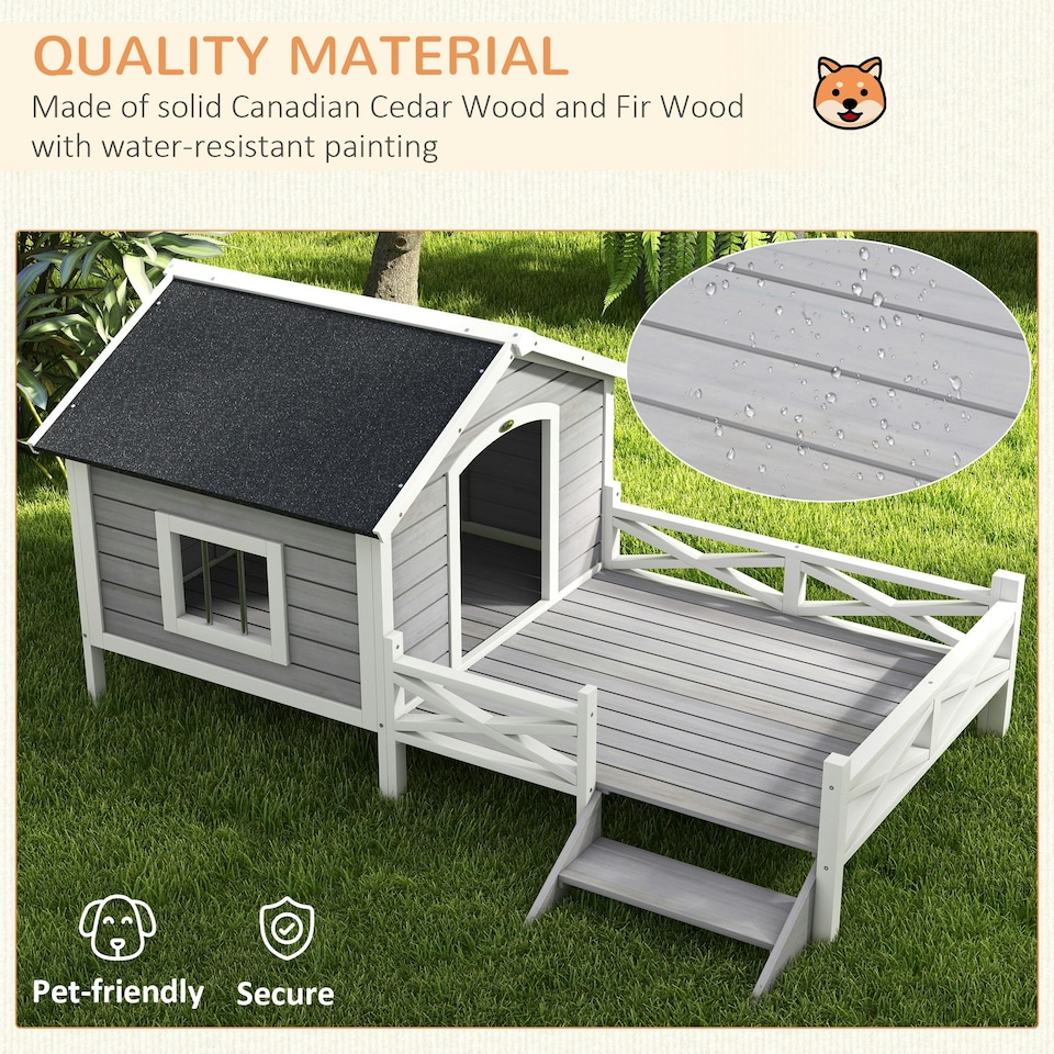 image 1 of PawHut Wooden Dog House w/ Porch, Water-resistant Roof, for S M Dogs, Grey 
