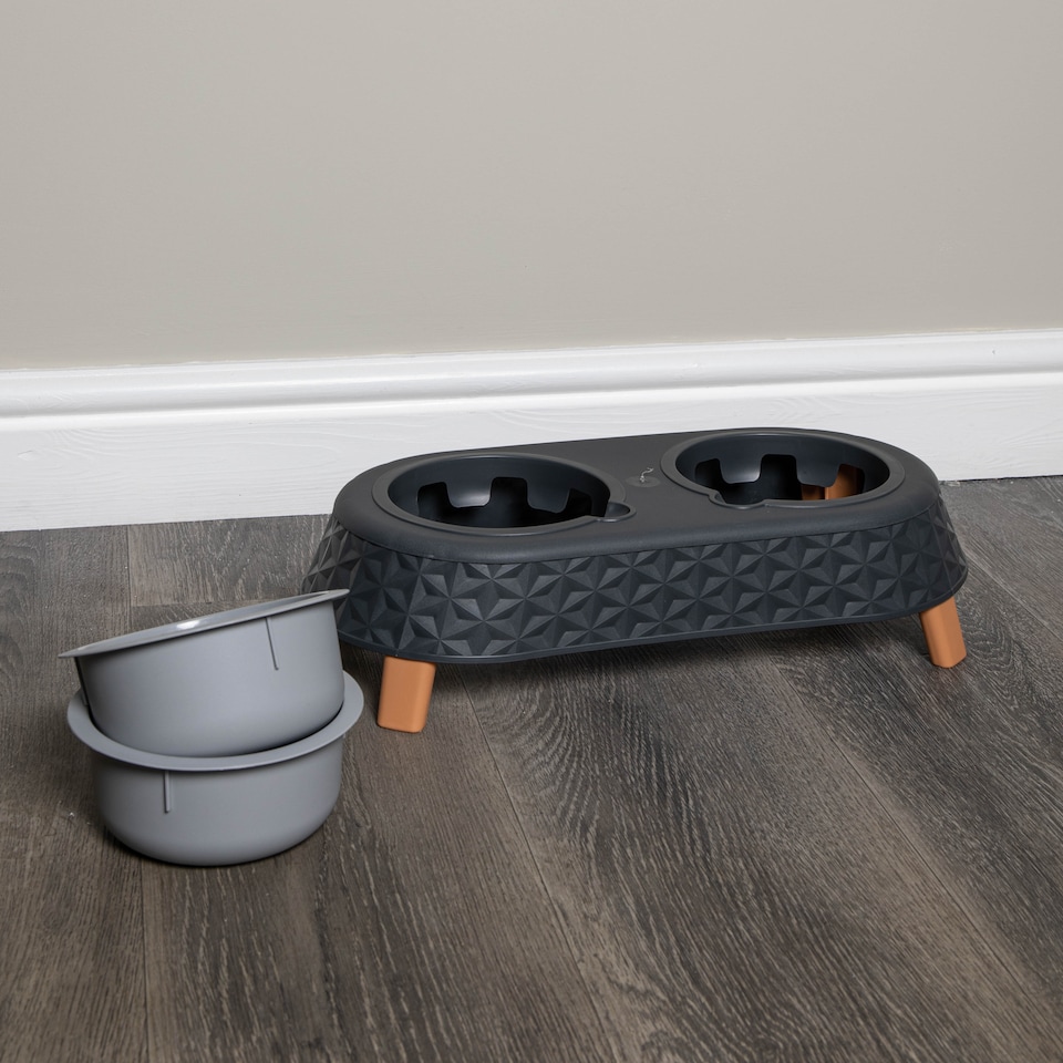 image 1 of 16cm x 9cm Grey Plastic Raised Double Pet Bowl Feeding Station with Stand