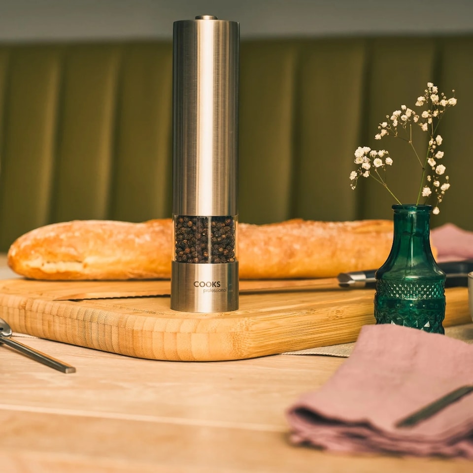 image 1 of Cooks Professional Electric Salt & Pepper Mill - Stainless Steel Automatic Grinder | Silver | Silver | 2