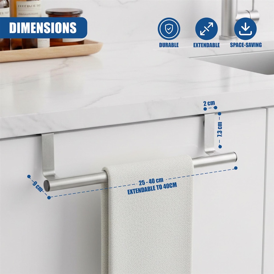 image 1 of GEEZY Stainless Steel Extendable Over Door Towel Rail 25-40cm Kitchen Bathroom