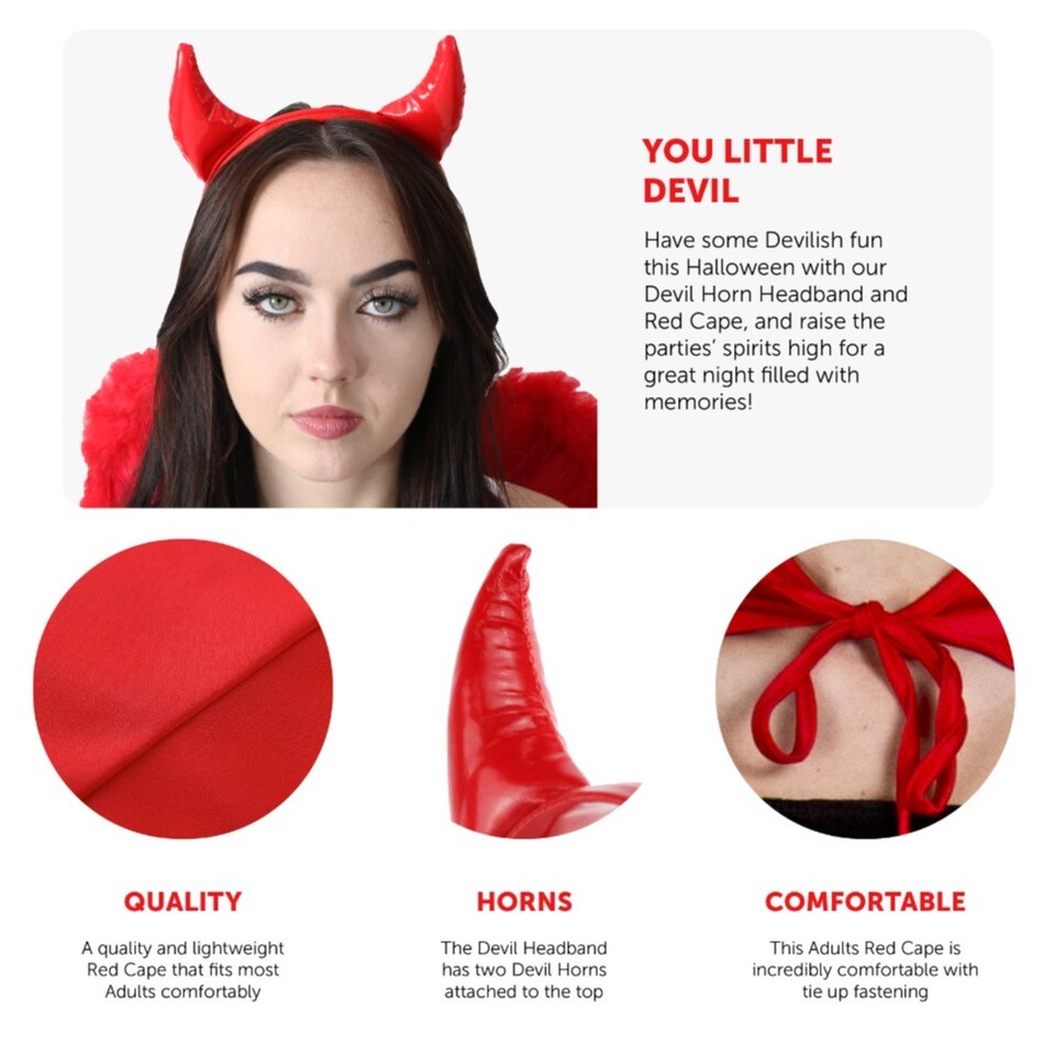 image 1 of Devil Costume Set 2 Pcs - Red Horns & Cape | Red | One Size