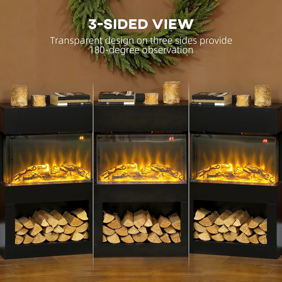 image 1 of HOMCOM Electric Fireplace with 3D Flame Effect, 6 Colours & 3 Brightness Levels, 1000W/2000W Black Electric Fire and Mantel Reach up to 30㎡ Space with Remote & Timer, 3 Sided View for Living Room | Black
