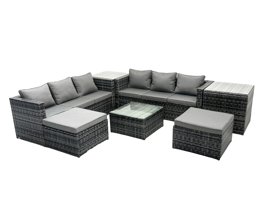 image 1 of Fimous Outdoor Rattan Garden Furniture Set 8 Seater Patio Lounge Sofa Set with Square Coffee Table 2 Side Tables 2 Big Footstools Dark Grey Mixed