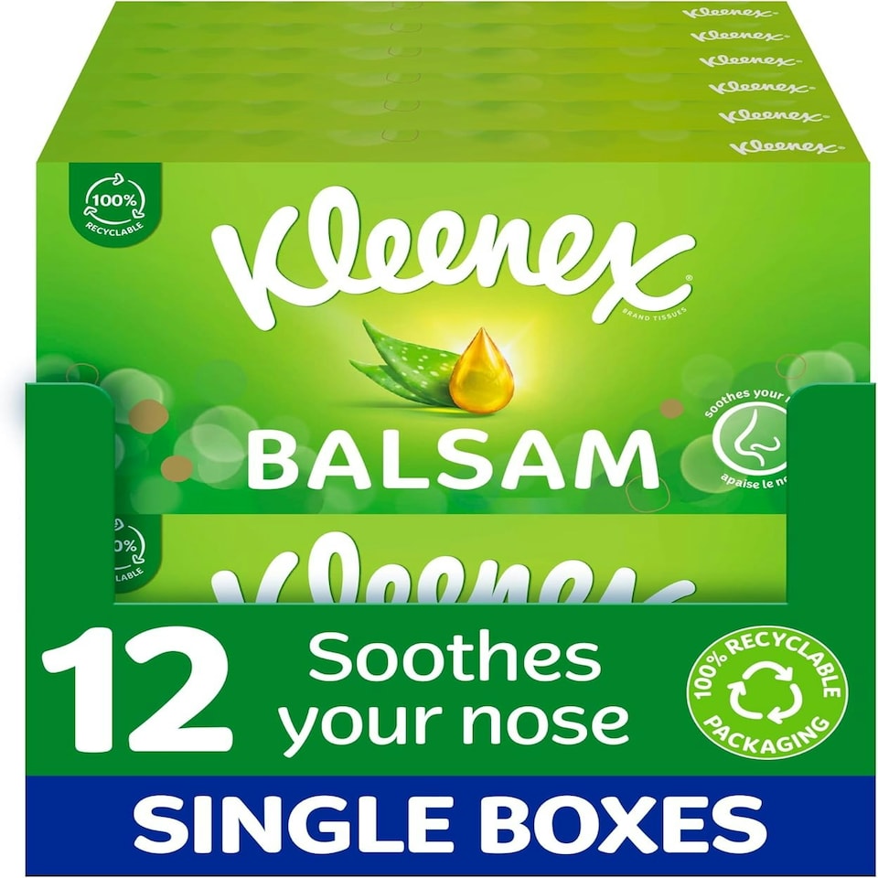 Kleenex Balsam Facial Tissues - Pack of 12 Tissue Boxes - Balm Tissues Protect and Soothe Your Nose with Aloe Vera, Vitamin E and Calendula