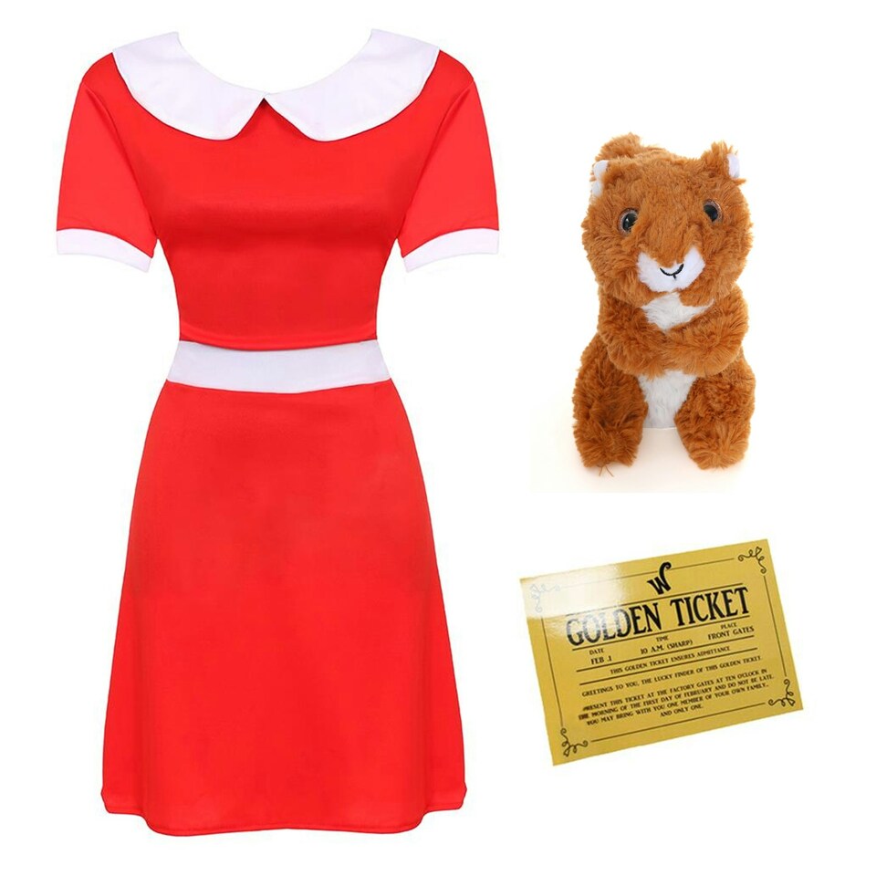 image 1 of Spoilt Golden Ticket Winner Costume, Dress, Ticket & Squirrel | Red | XL