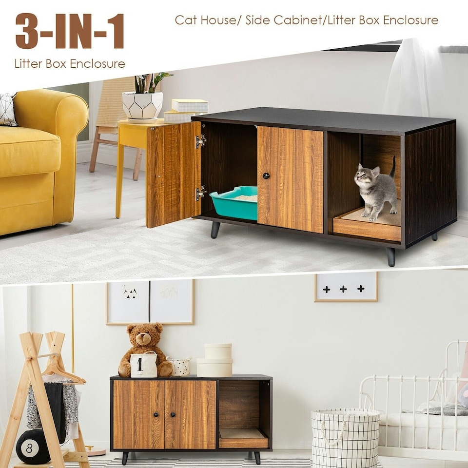 image 1 of COSTWAY Cat Litter Box Enclosure Furniture Hidden Washroom