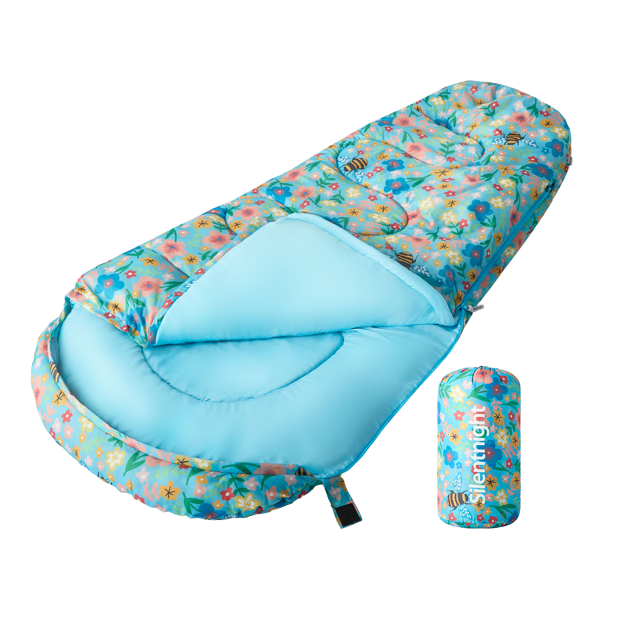 Silentnight Camping Kids Sleeping Bag, Floral Bees | Multi | Floral Bees