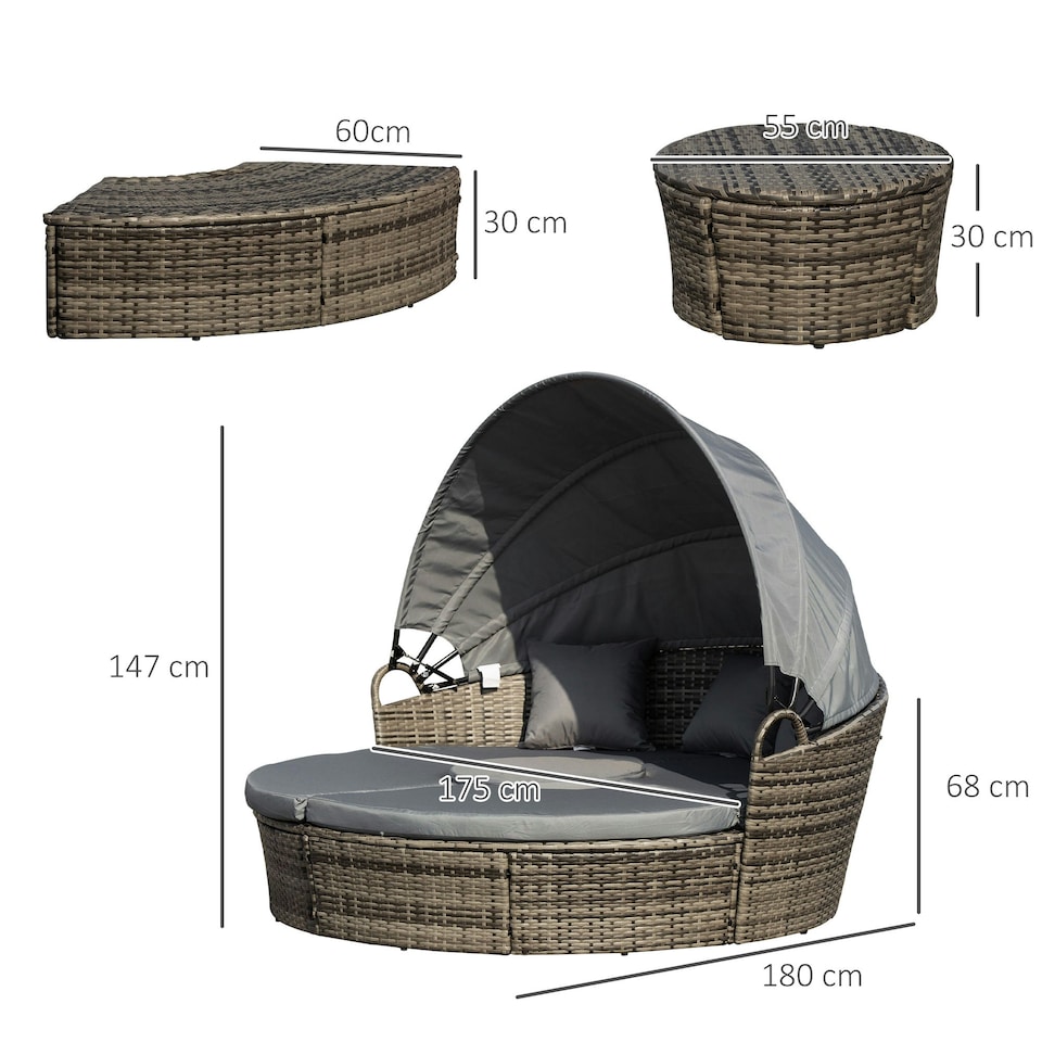 image 1 of Outsunny 5 PCs Cushioned Outdoor Plastic Rattan Round Sofa Bed Table Set Grey