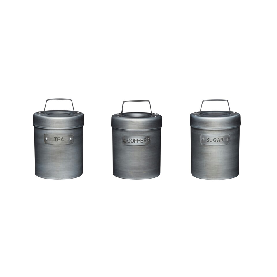 image 1 of 4pc Industrial Kitchen Storage Set with Galvanised Steel Utensil Holder and Tea, Coffee & Sugar Metal Storage Canisters