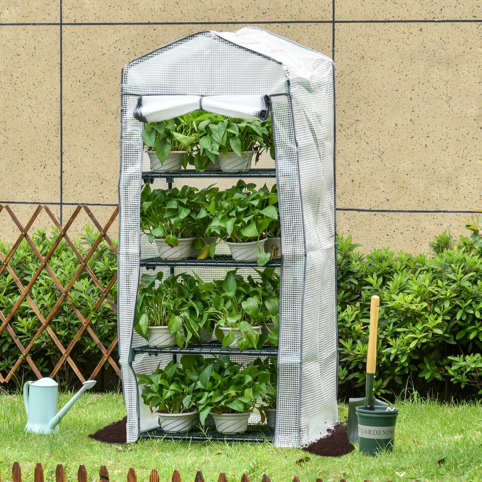 image 1 of Outsunny Mini Greenhouse 4-Tier Portable Plant House Shed PE Cover, White