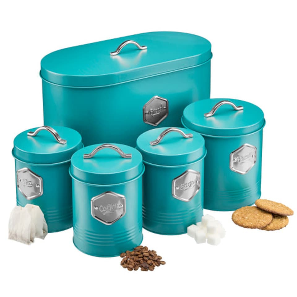 image 1 of Cooks Professional 5 Piece Kitchen Storage Set – Tea, Coffee, Sugar, Bread & Biscuit Tins | Blue | Teal & Silver