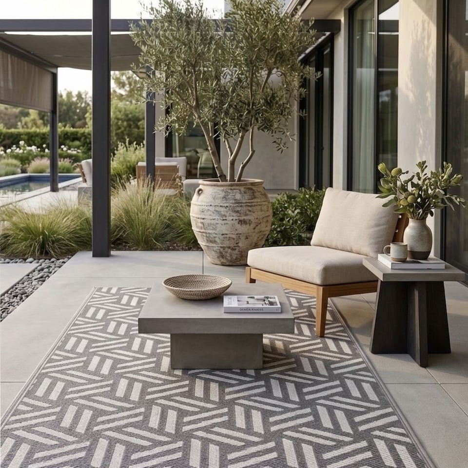 image 1 of Homescapes Outdoor Rug Luxury Waterproof Reversible Recycled, For Garden, Luna Geometric | Grey | Grey and White