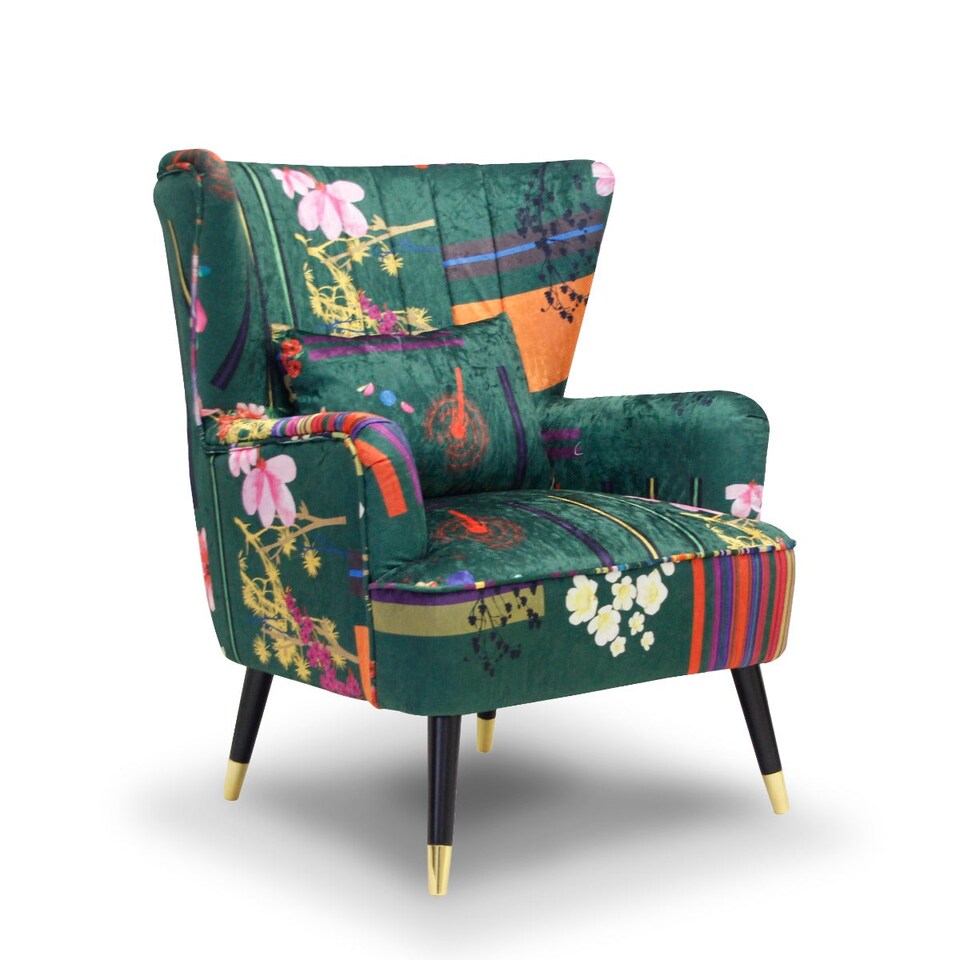 image 1 of Fabric Green Patchwork Victoria Accent Wingback Chair