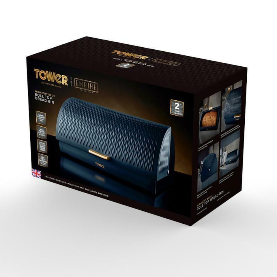 image 1 of Tower Empire Roll Top Bread Bin Midnight Blue & Brass Accents Kitchen Storage