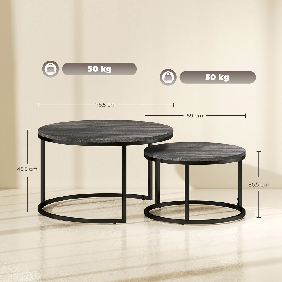 image 1 of HOMCOM Round Nesting Coffee Table Set of 2, Large Stacking End Side Table with Steel Frame for Living Room, Bedroom, Home Office, 78.5 x 78.5 x 46.5 cm, Black | Black