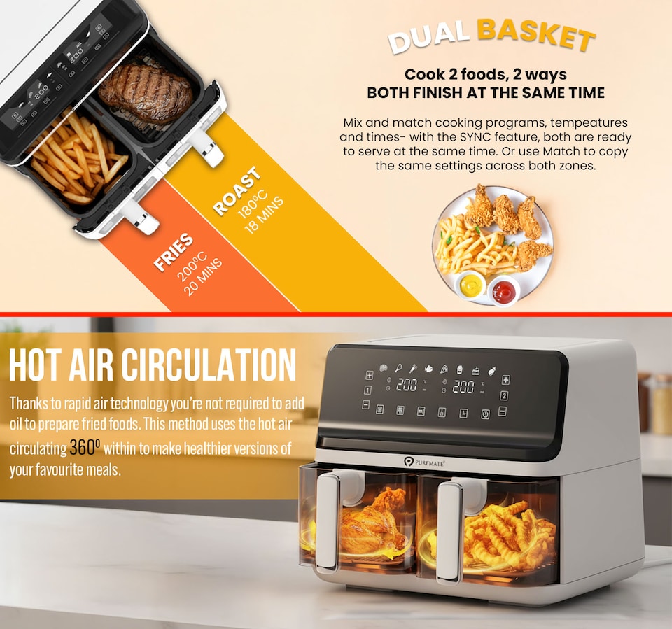 image 1 of PureMate 9 Litre Digital Dual Air Fryer - White