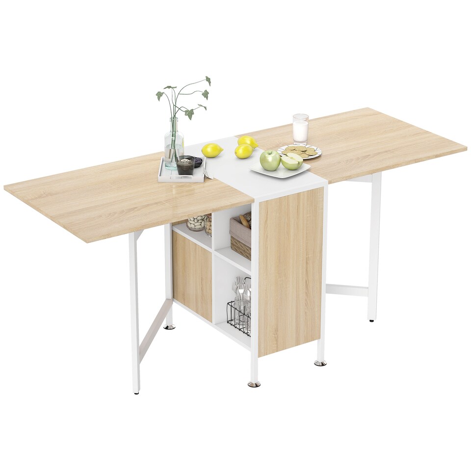 image 1 of HOMCOM Folding Dining Table for 4 People, 169 cm Drop Leaf Table with Storage Shelves for Small Spaces, Kitchen, Dining Room, Oak & White