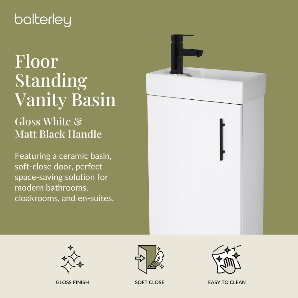 image 1 of Balterley Wall Hung Vanity Basin 400mm Gloss White & Matt Black Handle