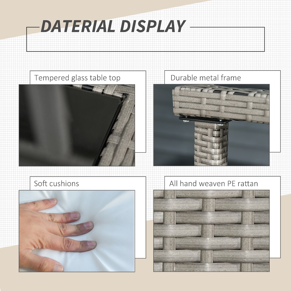 image 1 of Outsunny 2 Seater Rattan Cube Garden Furniture Set, Rattan Dining Set with Cushions, Outdoor Dining Table and Chairs with 2 Armchairs, 2 Stools, Rectangular Glass Top Table for Patio, Balcony, Grey