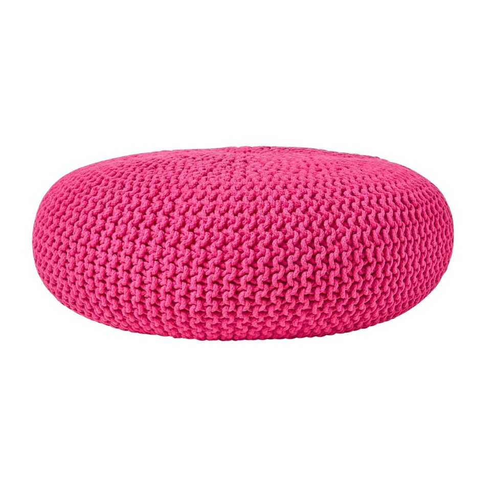 image 1 of Homescapes Hot Pink Large Round Cotton Knitted Pouffe Footstool