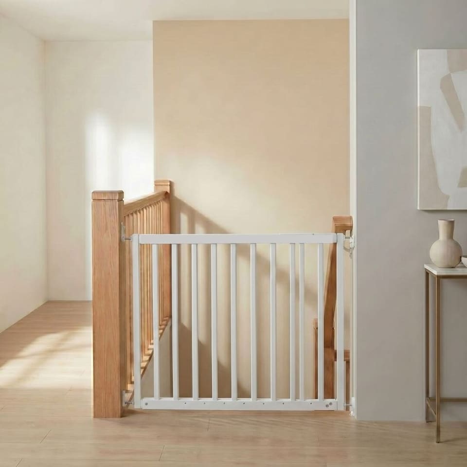 image 1 of Safetots Top of The Stairs Screw Fitted Stair Gate, White Wooden, 63.5cm - 105.5cm, Wood Baby Gate, Stylish Safety Gate | White | 1