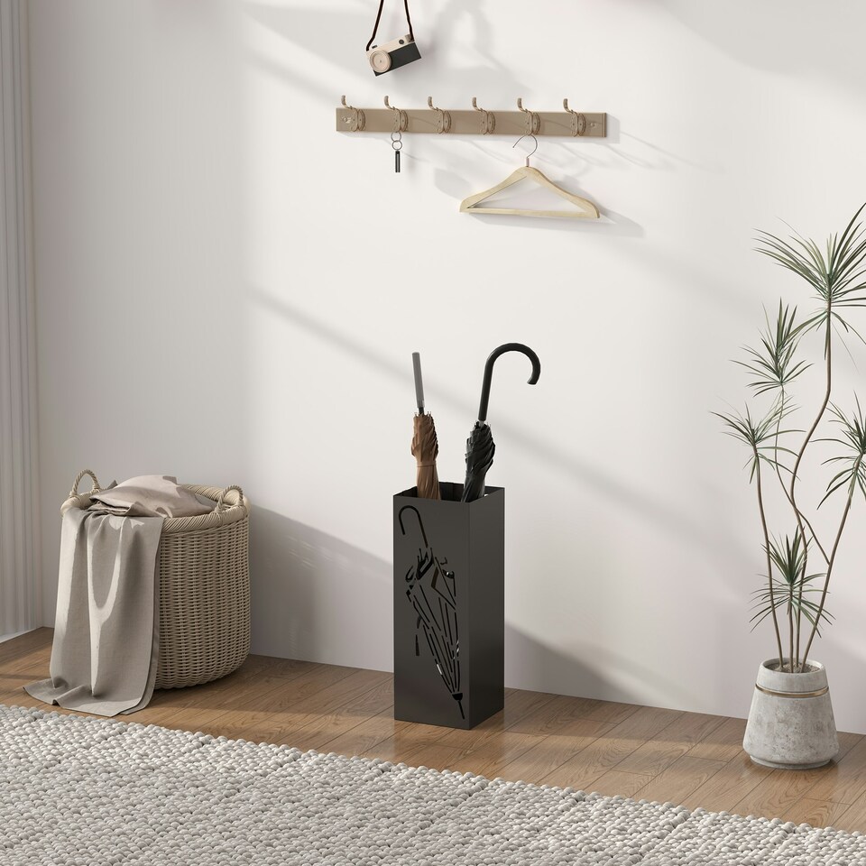 image 1 of HOMCOM Square Umbrella Holder with Hooks and Water Tray for Entryway Black Black