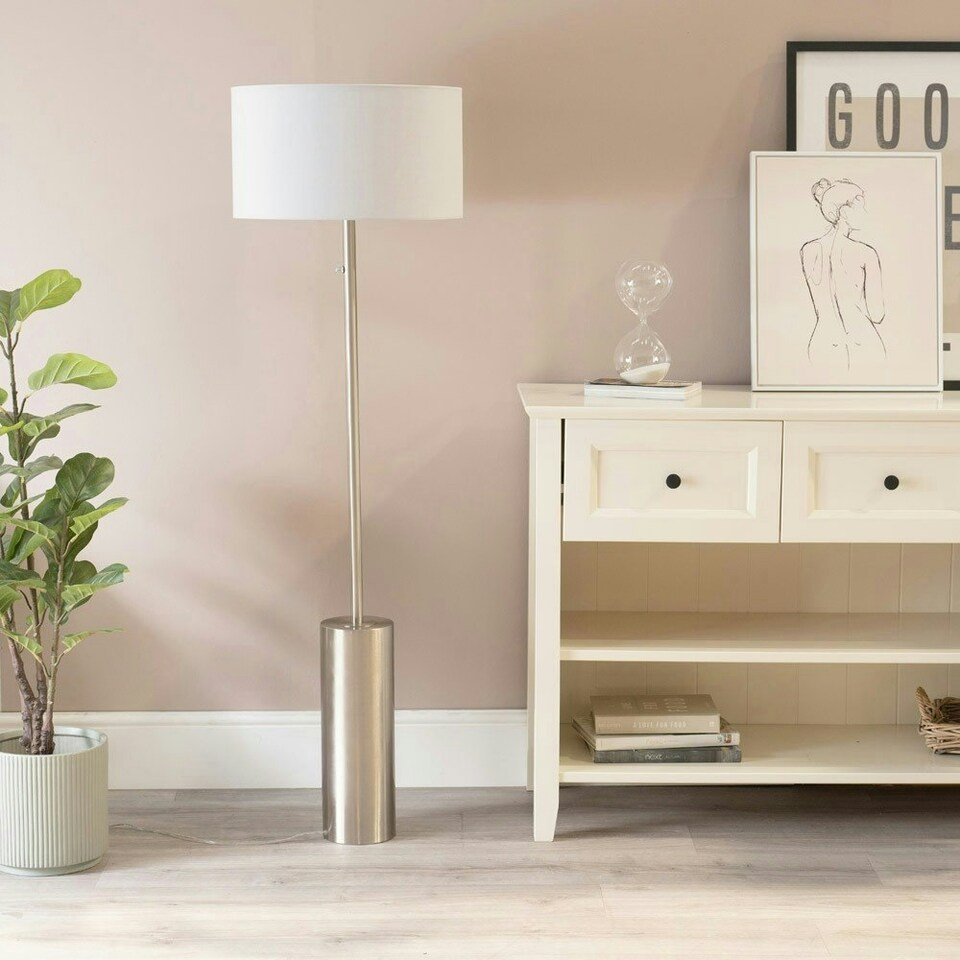 image 1 of ValueLights Lexy Grey Fabric Drum Shade with Brushed Chrome Dimmable Floor Lamp with LED Bulb Grey