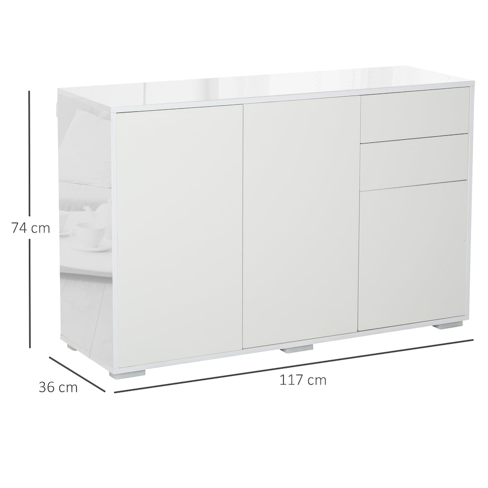 image 1 of HOMCOM High Gloss Frame Side Cabinet with 2 Door Cabinet and 2 Drawer, White | White | White