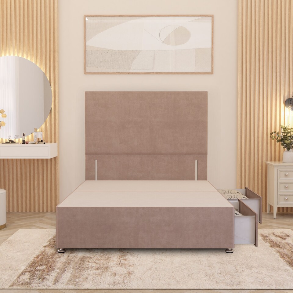 image 1 of Divan Bed Base with 2 Drawers & Plain Floor Standing Headboard Plush Velvet | Pink | Pink