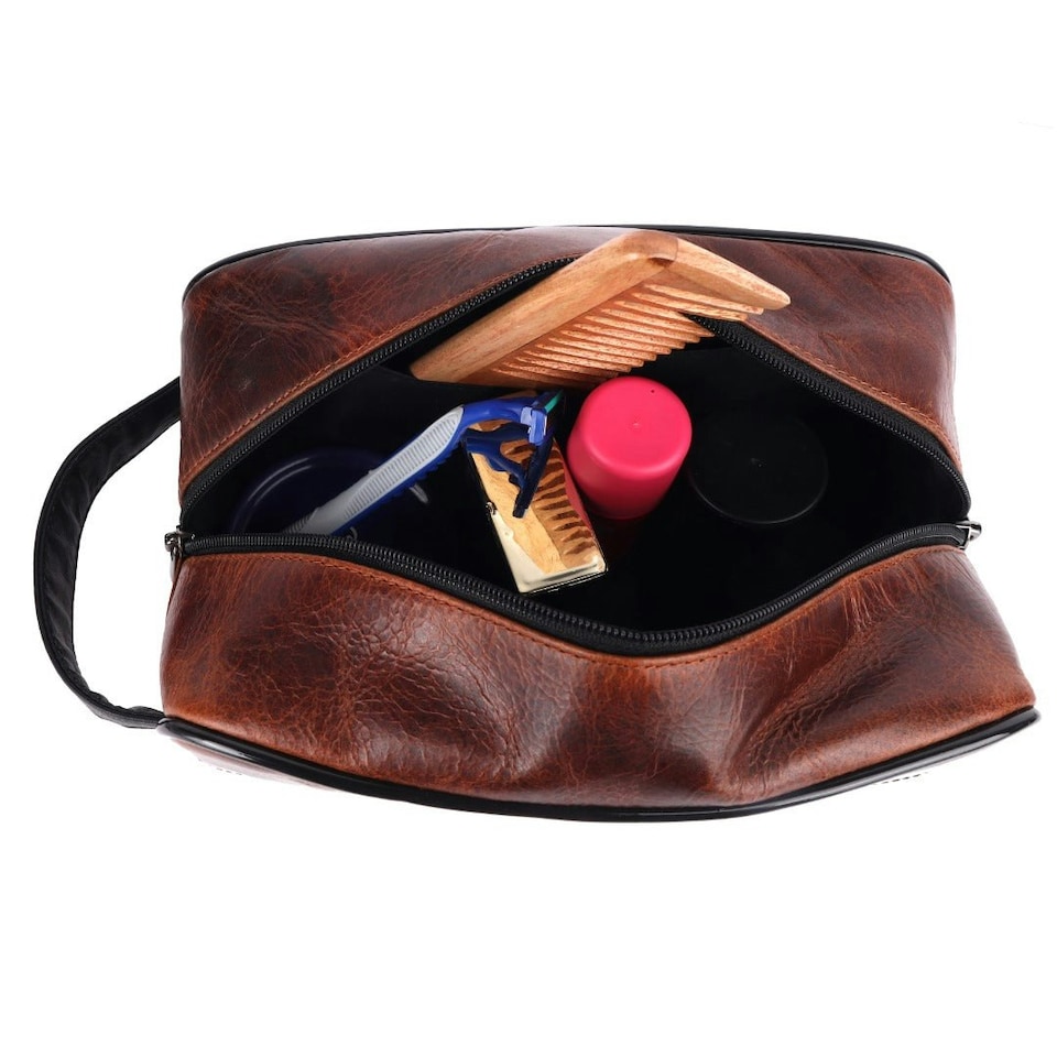 image 1 of SPORTGIFTZ Buffalo Leather Rugby Wash Bag Durable Toiletry Bag for Rugby Players and Fans Moisture-Resistant Lining, Secure Zip and Carry Handle 25cm x 14cm Brown