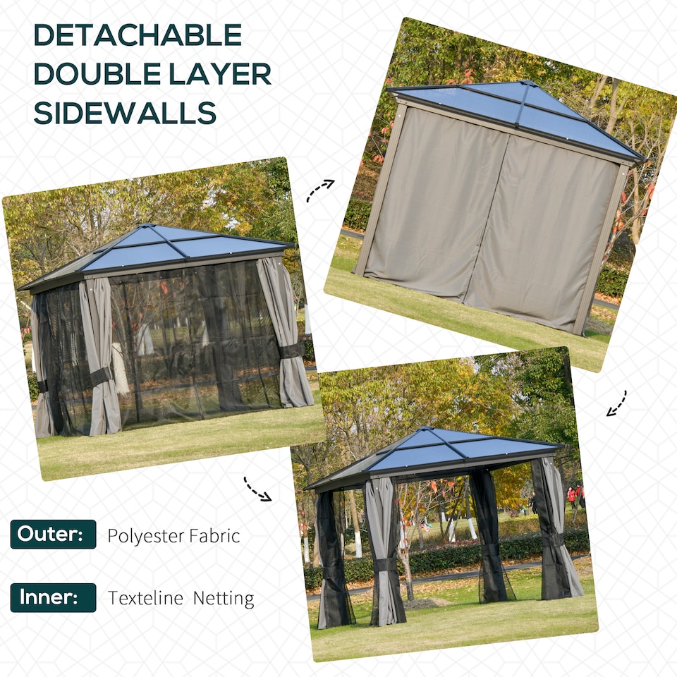 image 1 of Outsunny 3 x 3m Hardtop Gazebo Canopy with Polycarbonate Roof, Aluminium Frame, Permanent Pavilion Garden Gazebo with Netting and Curtains for Patio, Deck, Dark Grey