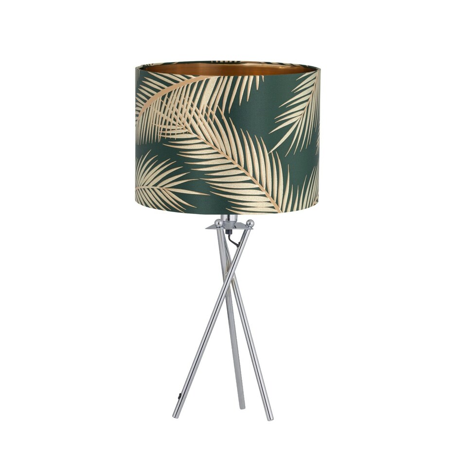 image 1 of First Choice Lighting Set of 2 Tropica Chrome Tripod Table Lamps with Dark Green and Gold Leaf Embossed Shade Chrome | Green